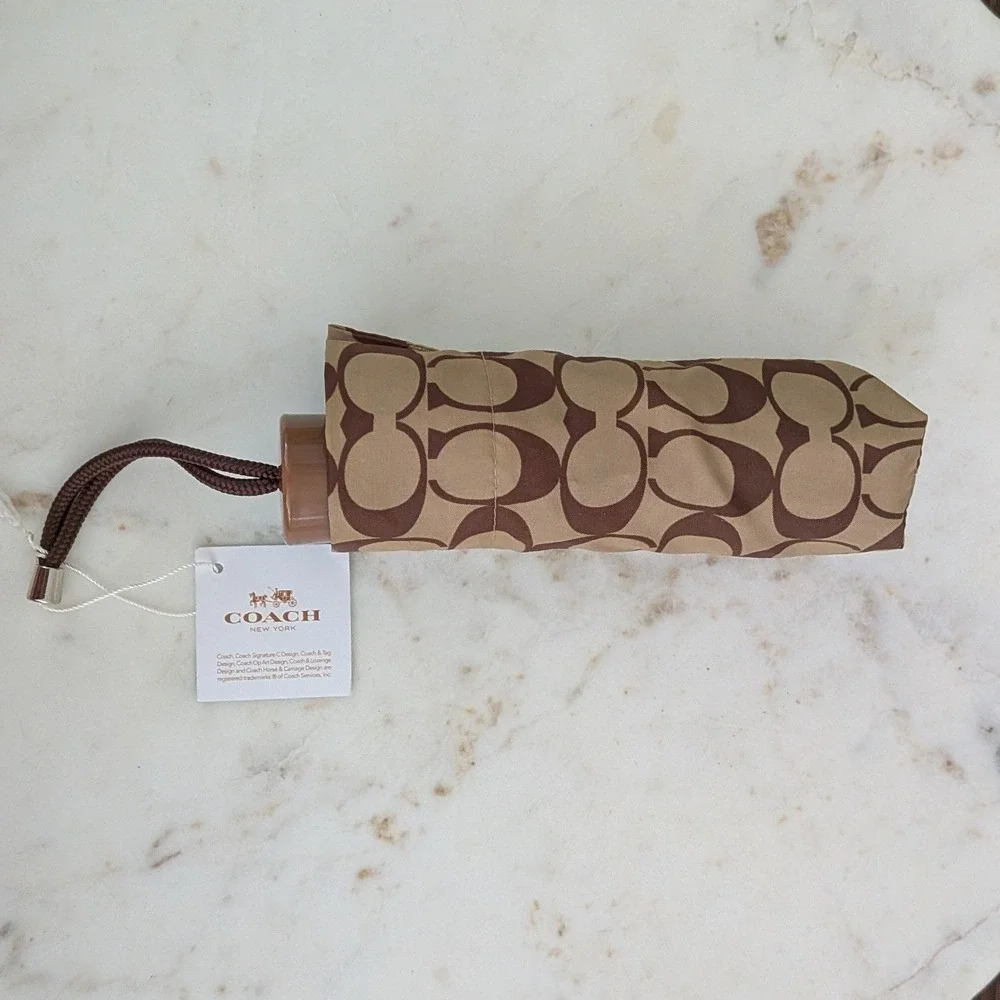 NEW Coach Signature Mini Umbrella Khaki Saddle Brown Monogram Compact F63365 NIB